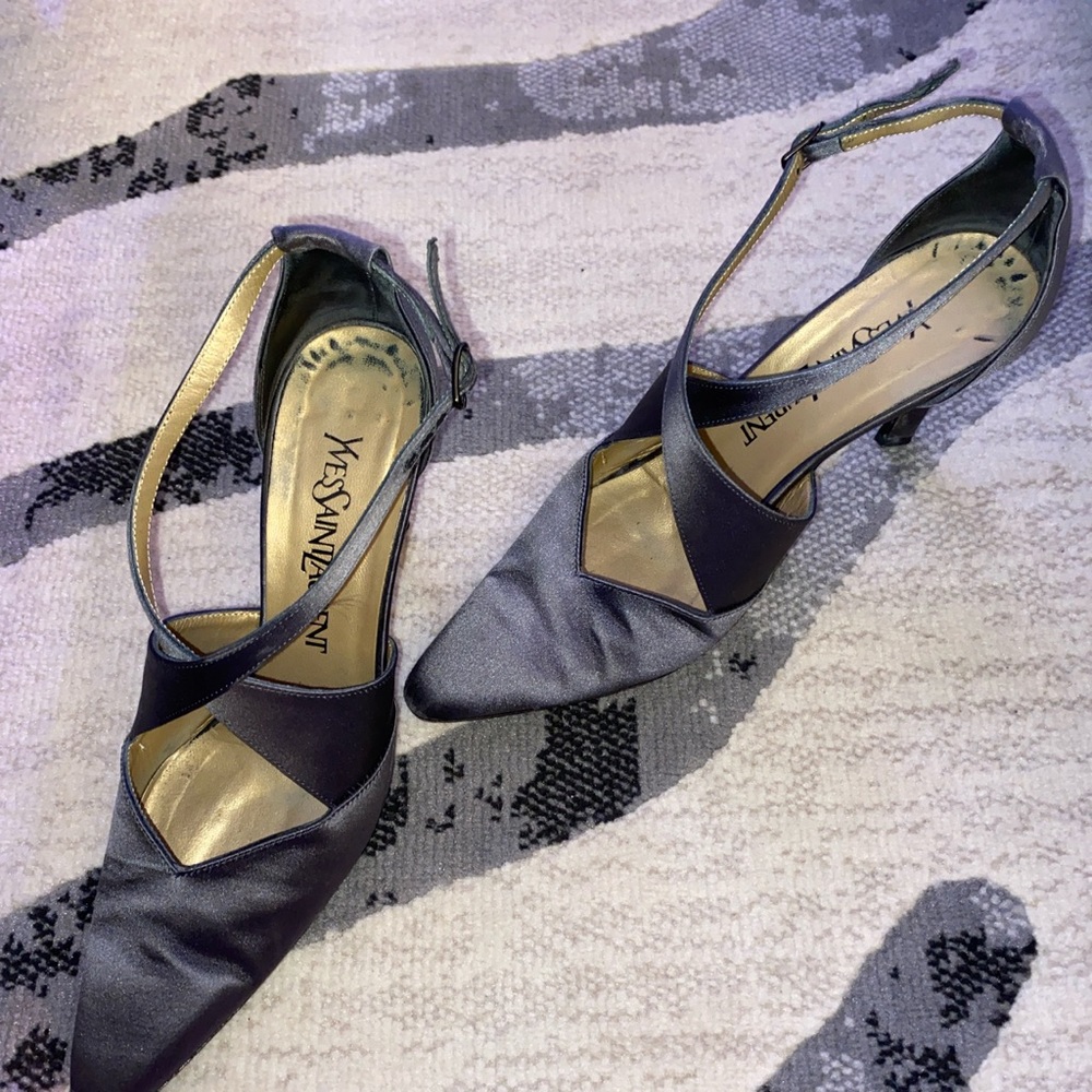 YSL Grey pointed toe satin heels